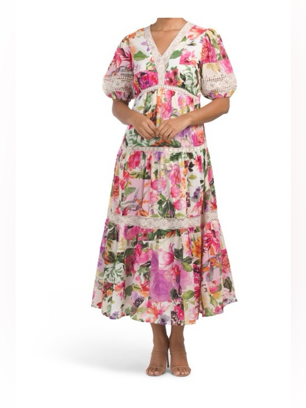 Vasna 100% Cotton Voile Floral Maxi Dress Size L Lace Crochet Tiered Trim Spring